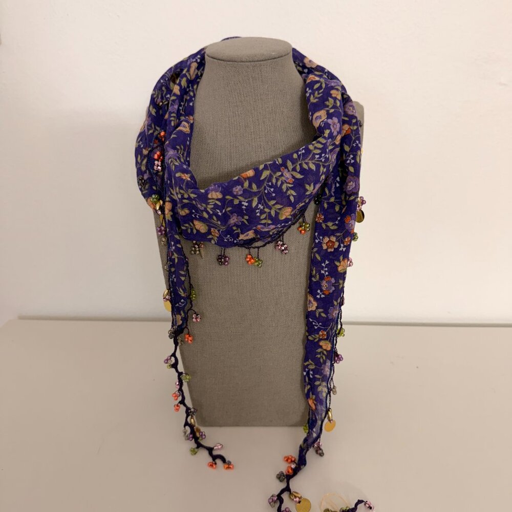 Traditional Turkish Oya Neck Violet  Scarf Bead & Needle Lace on Lawn Cotton - Picture 13 of 16